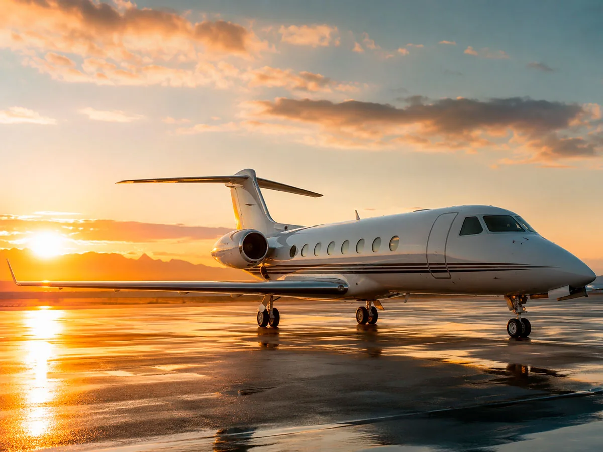 Jato executivo estacionado na pista ao pôr do sol: Consórcio de Aeronaves, em Deodápolis e Mato Grosso do Sul