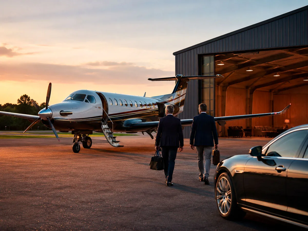 Avião turboélice executivo em frente ao hangar ao entardecer: Consórcio de Helicóptero Utilitário, em Deodápolis e Mato Grosso do Sul