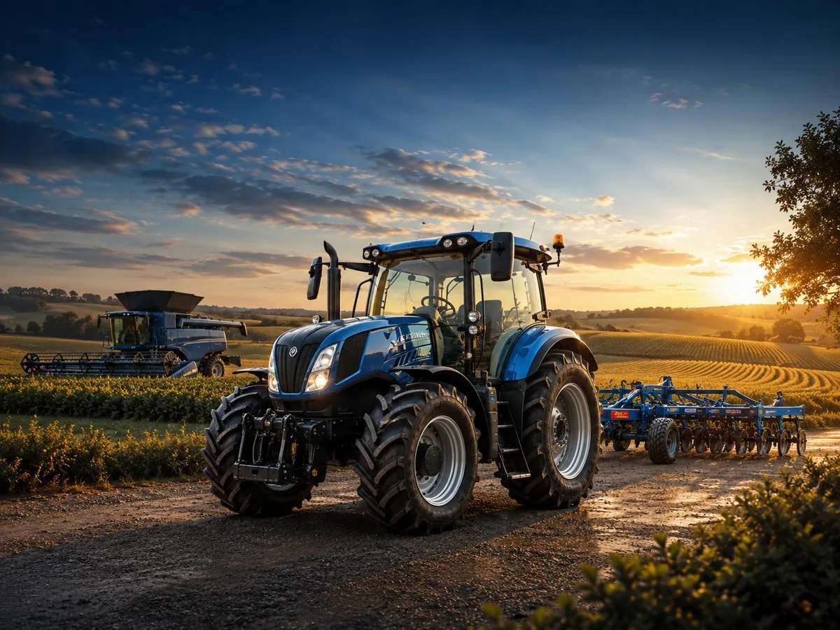 Trator e colheitadeira em lavoura ao amanhecer, consórcio de máquinas agrícolas em Deodápolis e Mato Grosso do Sul