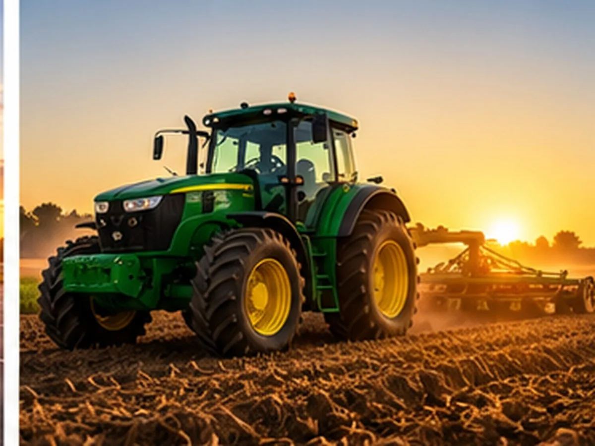 Consórcio Ademicon agro em Deodápolis MS | Consórcios Deodápolis Trator verde puxando grade sobre solo preparado ao nascer do sol, representando máquina agrícola comprada com consórcio